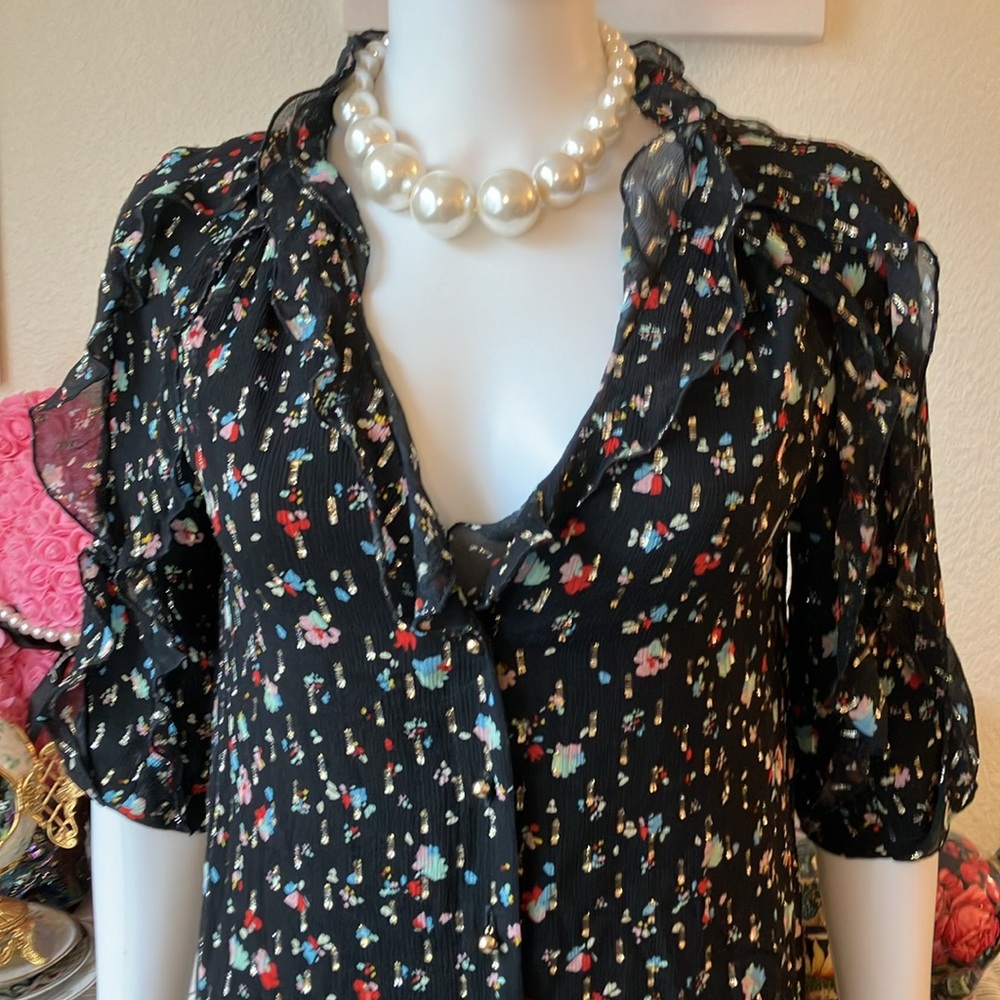 Sezane Josephine Mini Dress Silk Low Cut Ruffles Black w/ Pink Size FR 36 = US 4 - Picture 3 of 13